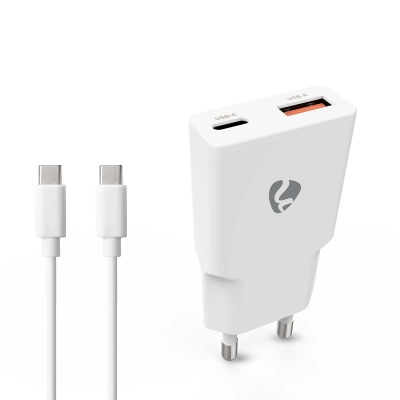 Nedis-seinälaturi USB-C-kaapelilla 20 W 1x USB-C 1x USB-A, valkoinen