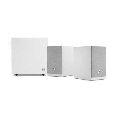 Audio Pro A28 W valkoisena SW-5:n kanssa, aktiivinen 2.1 kaiutinpaketti