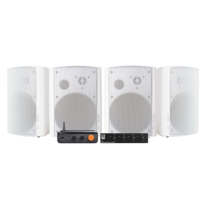 2 paria DLS MB6i valkoisina Fosi Audio BT20 Maxin kanssa, monihuonepaketti